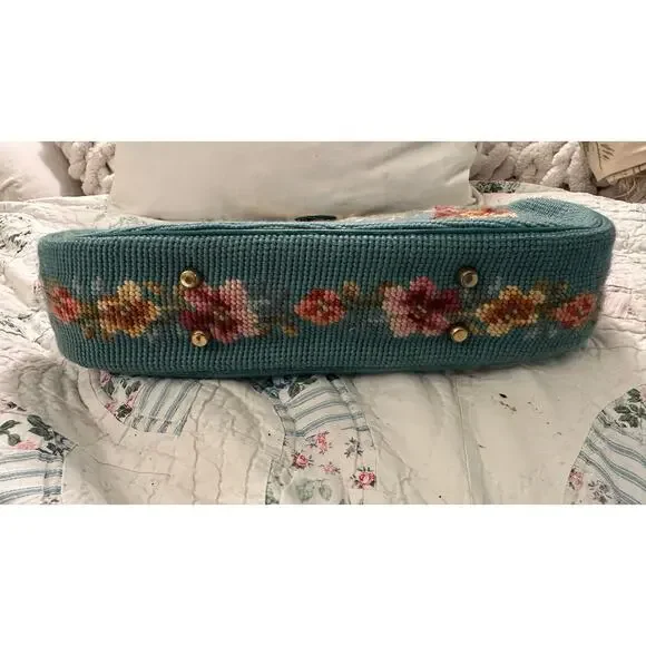 SHOWPIECE! NEVER USED VINTAGE 50's TEAL NEEDLEPOINT & PETITPOINT LEATHER BAG - Picture 13 of 14